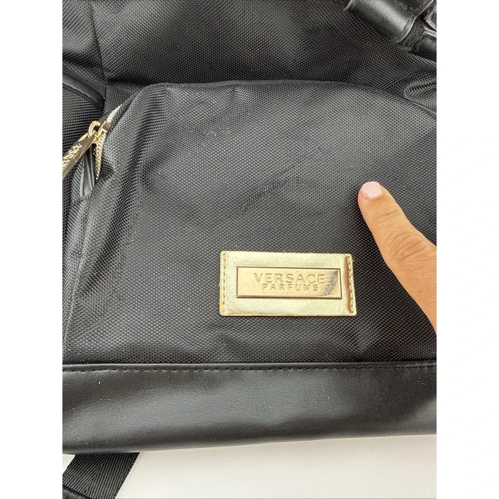Versace Parfums Women's Backpack Bag Black/Gold Greek Key Logo Zipper Closure